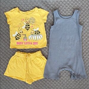 Girls’ Busy Little Bee Yellow Toddler Tee & Shorts Set and Grey One-piece Bubdle